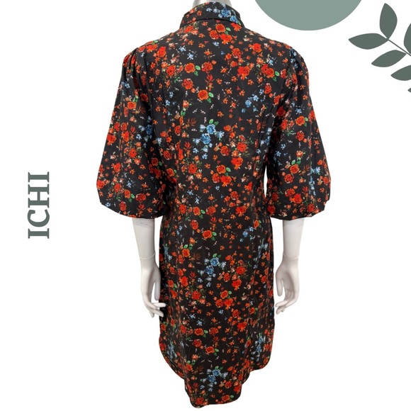 ICHI IHKalo Floral Puff Sleeve Shirt Dress - Black Red Orange Size 38 (US 6 ) - Picture 5 of 6